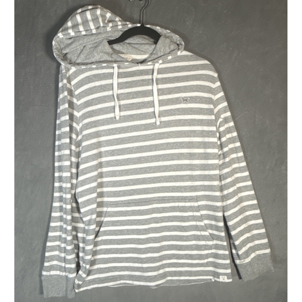 The Black Dog Sweatshirt Womens Medium Gray White Striped Hooded Pullover Hoodie